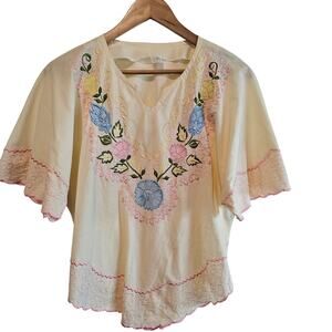 Vintage Floral Blouse Women Medium Off White Embroidered Cottage Folk Coquette